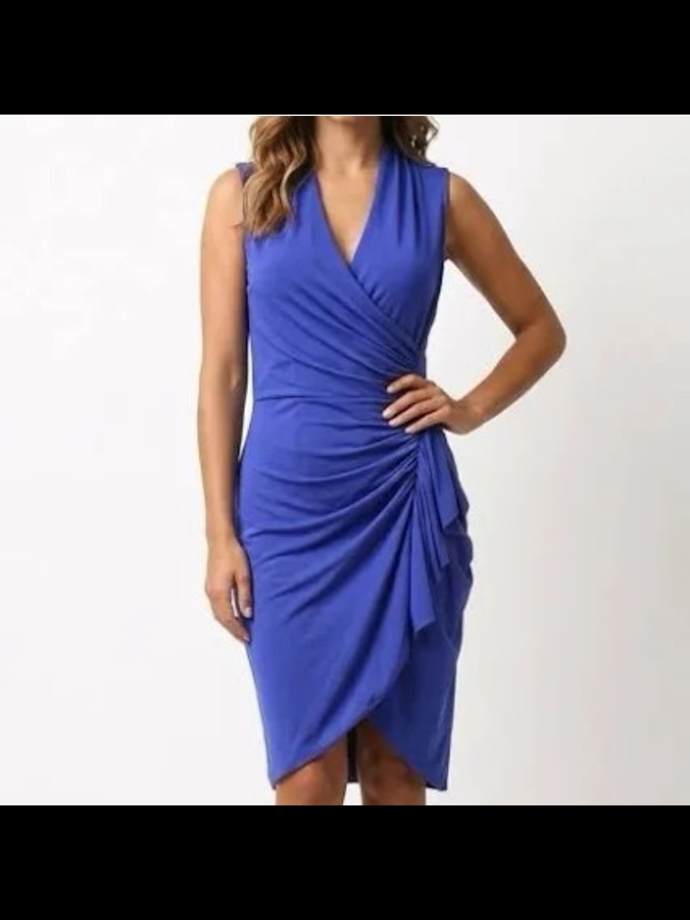 ANTONIO MELANI Cobalt Blue Sleeveless Ruched Wrap Dress